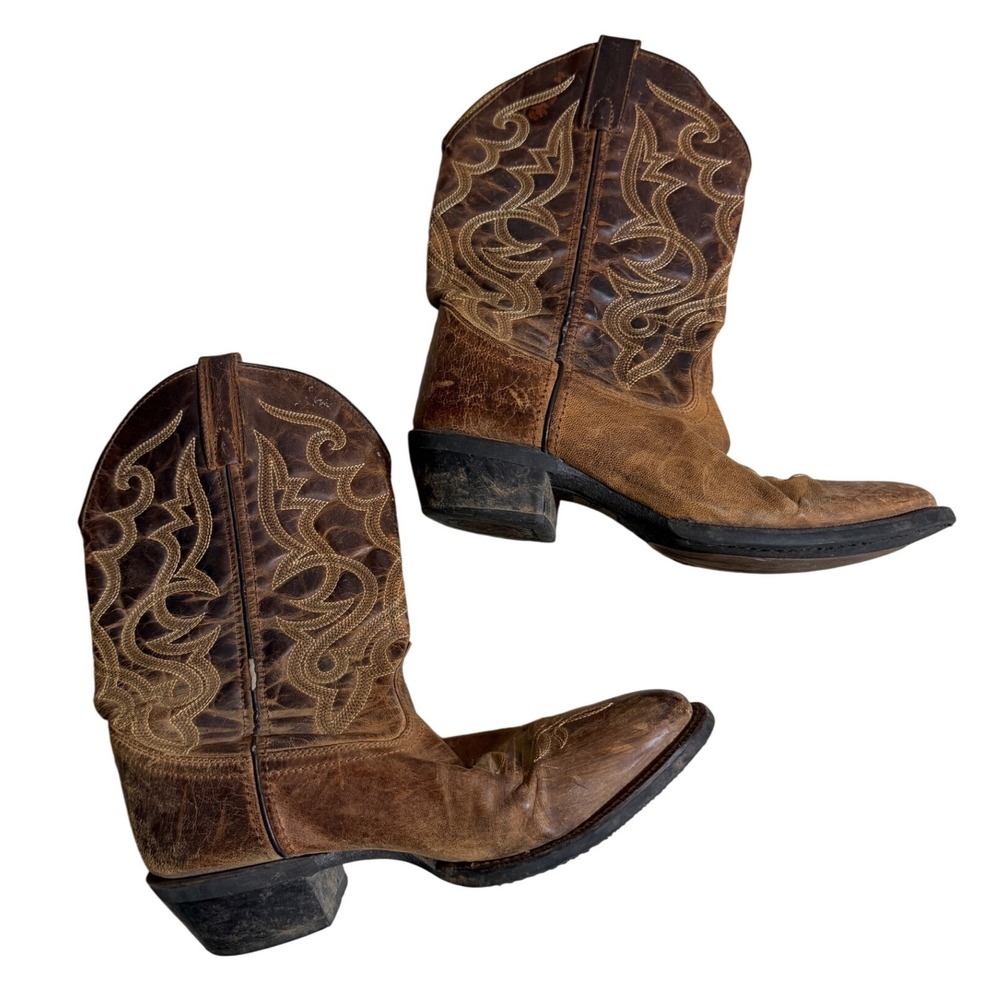 Laredo Women 8M Brown Leather Cowboy Western Boots Distressed Stitched 51112